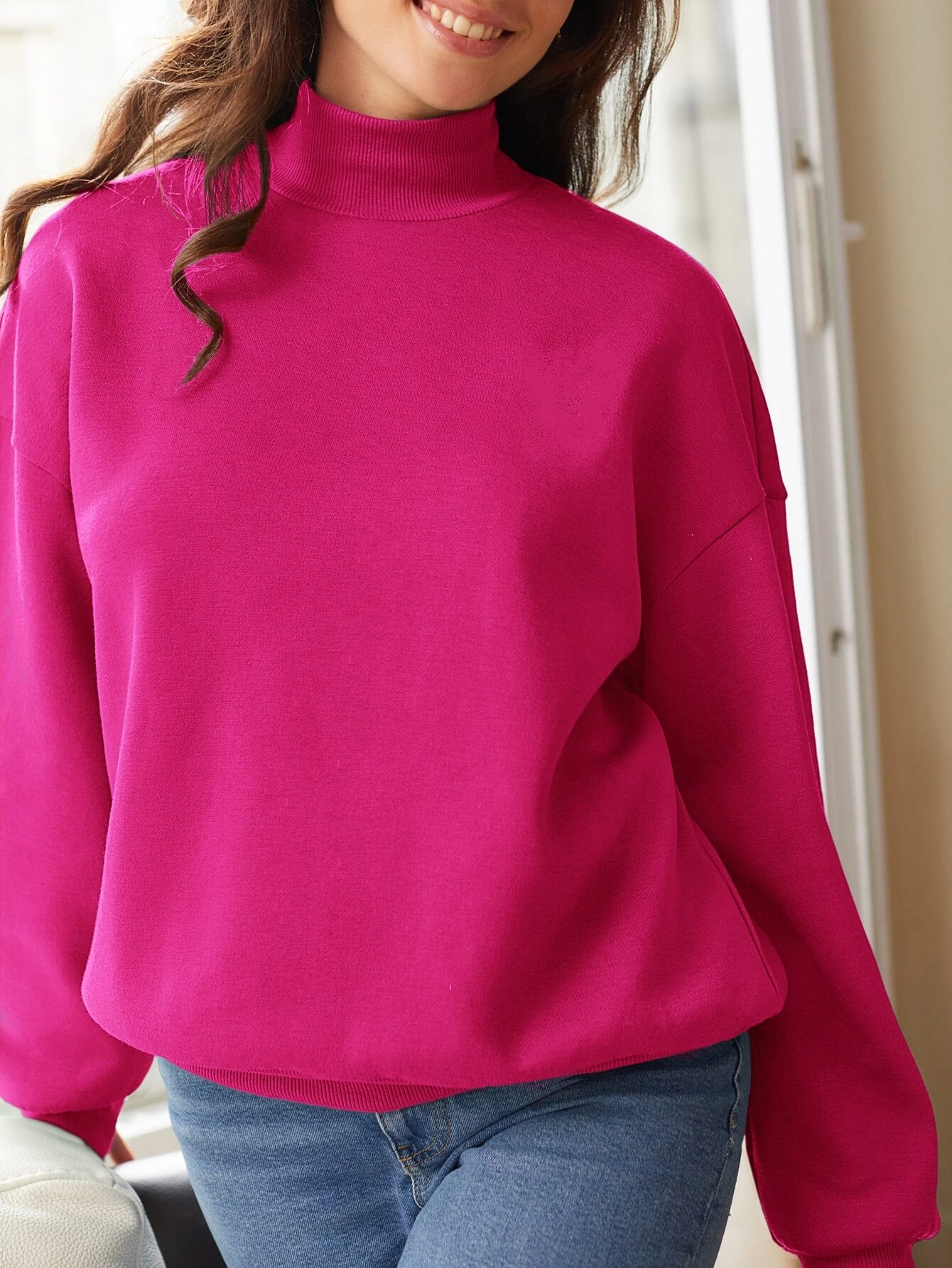 Sweater Rollkragenpullover Neon Pink Oversize Pullover Damen Neon