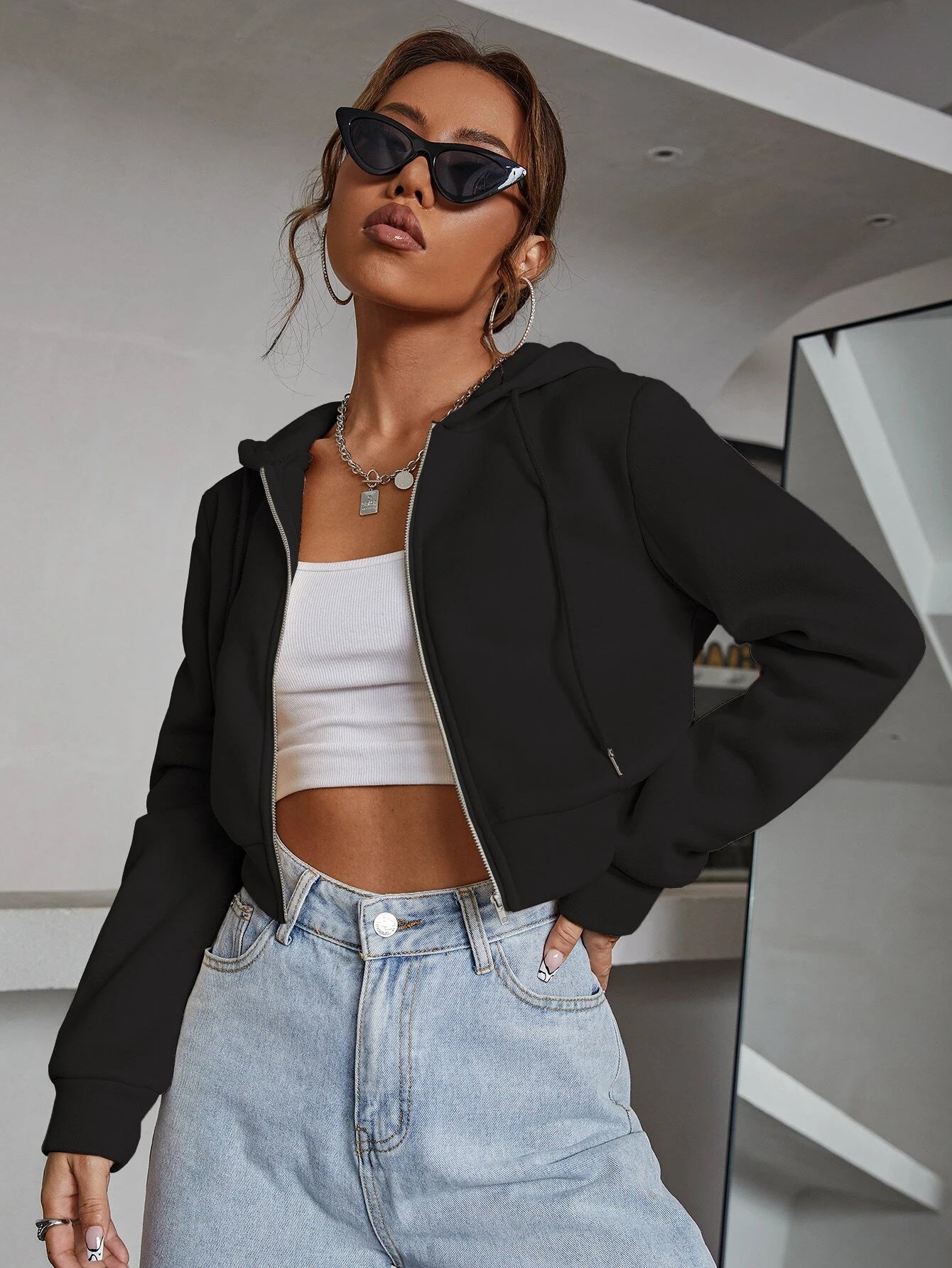 Black Zipper Crop Plain Hoodie