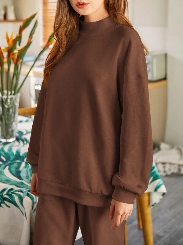 Coffee Brown Drop Shoulder Mock-neck Pullover & Sweatpants Set
