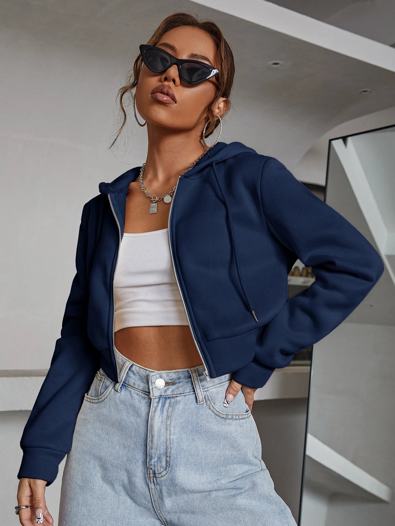 Navy Zipper Crop Plain Hoodie