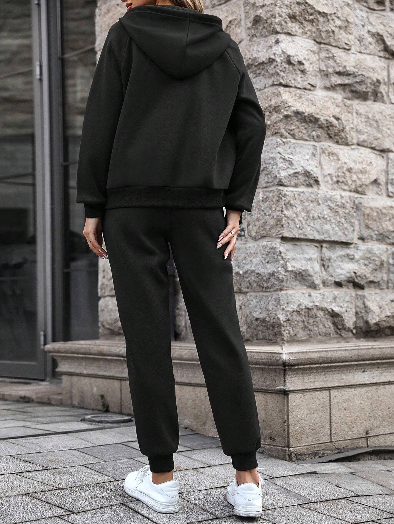 Black Zipper Plain Hoodie & Sweatpants