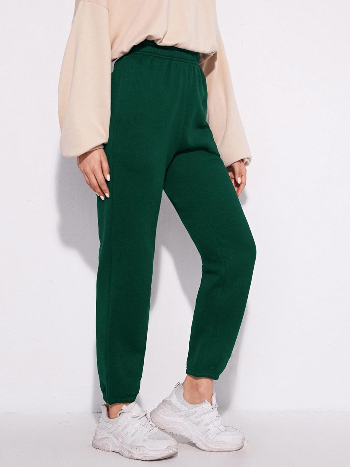 Women Green Elastic Waist Solid Sweatpants