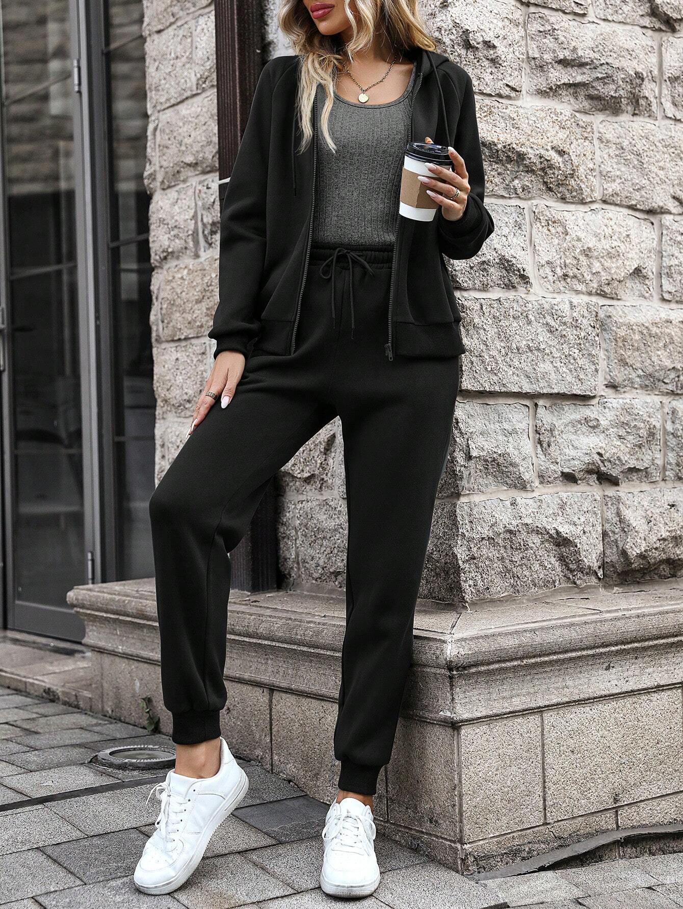 Black Zipper Plain Hoodie & Sweatpants