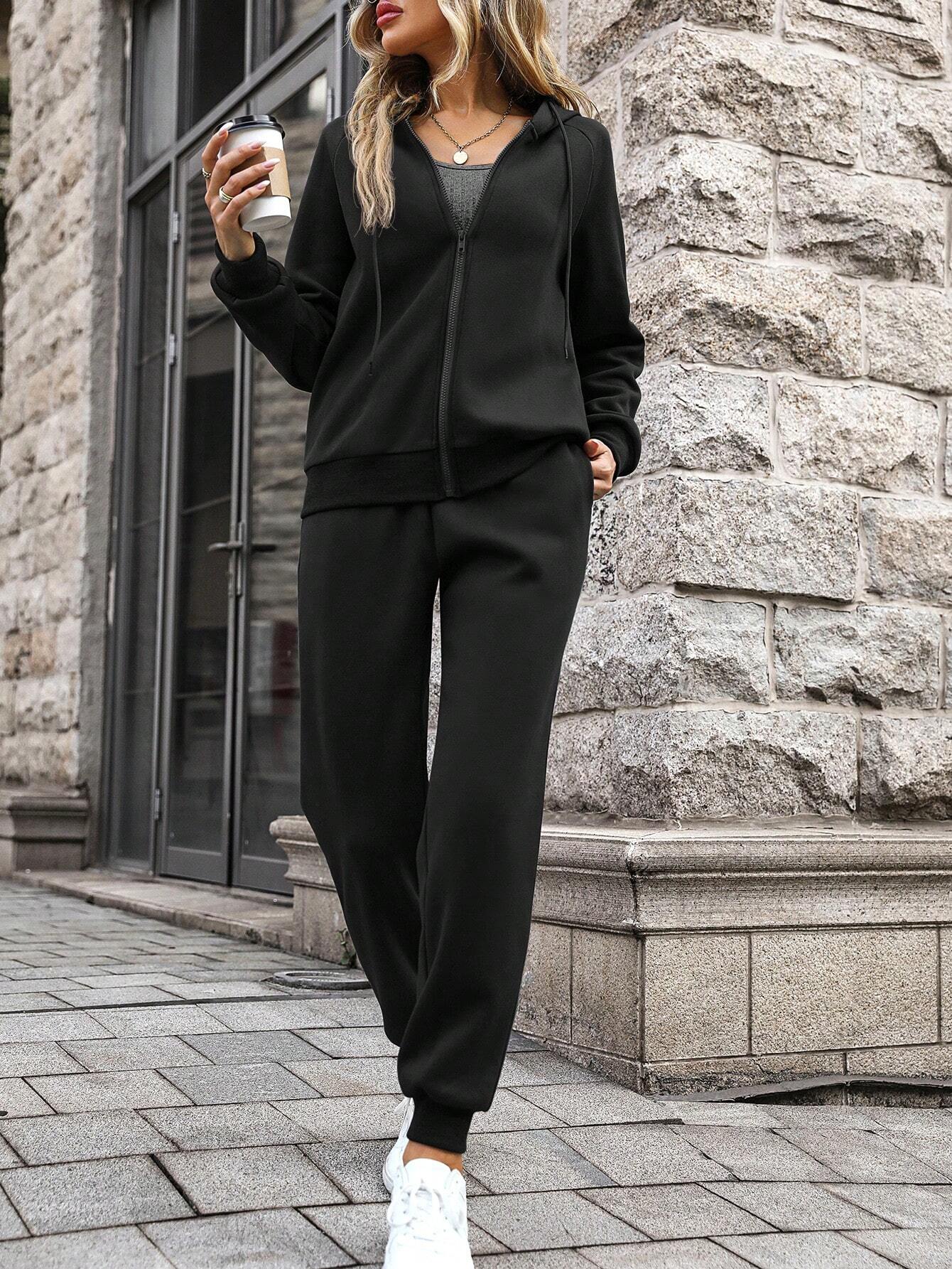 Black Zipper Plain Hoodie & Sweatpants