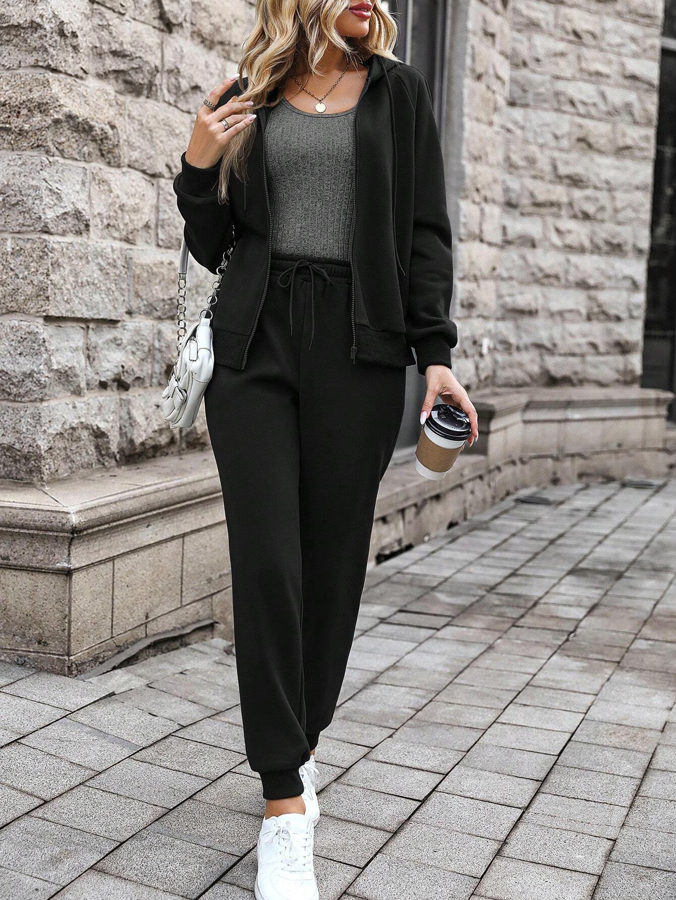 Black Zipper Plain Hoodie & Sweatpants