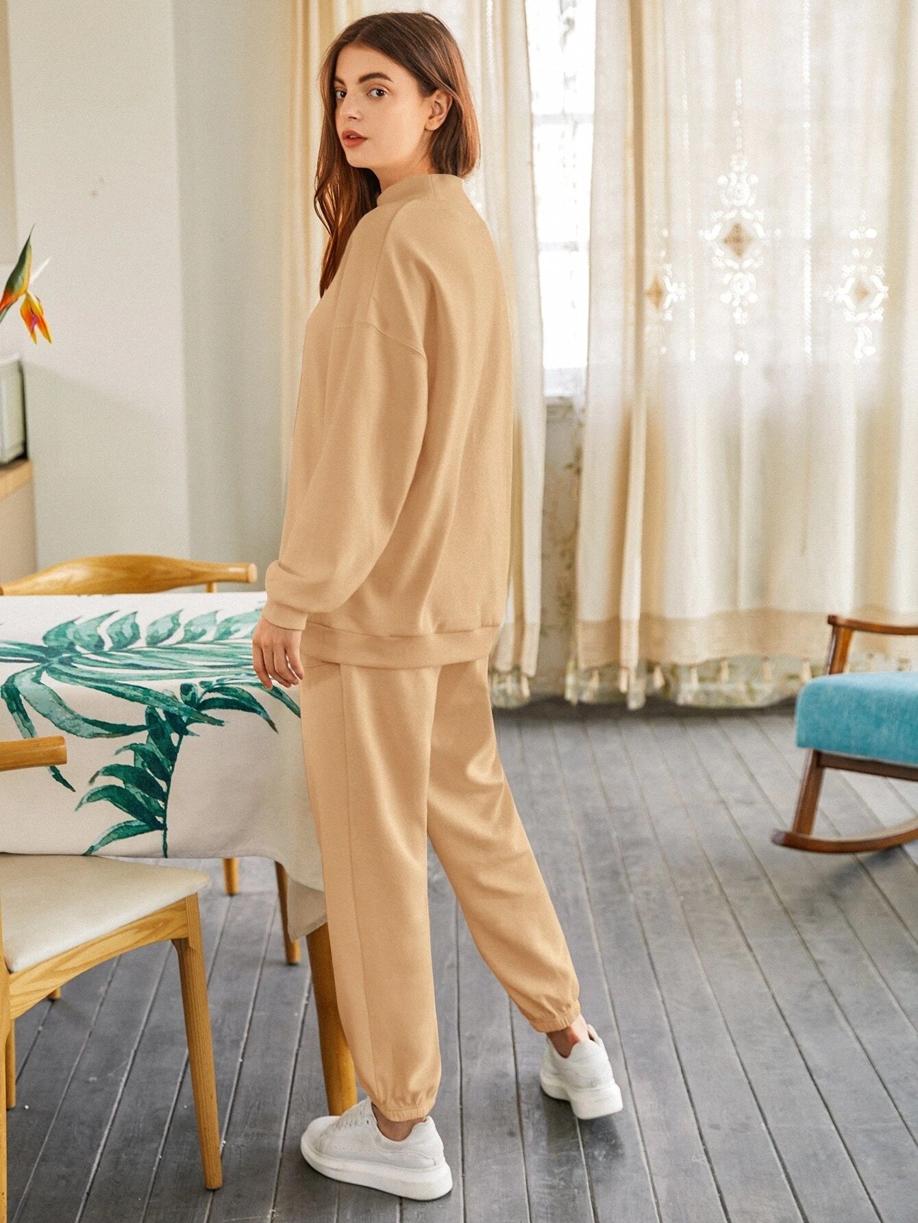 Camel Women's Drop Shoulder Mock-neck Pullover & Sweatpants Set