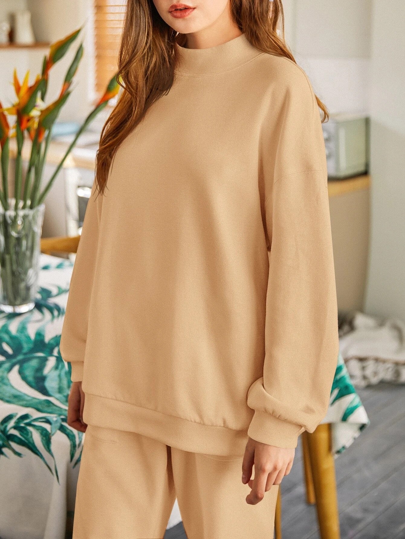 Camel Women's Drop Shoulder Mock-neck Pullover & Sweatpants Set