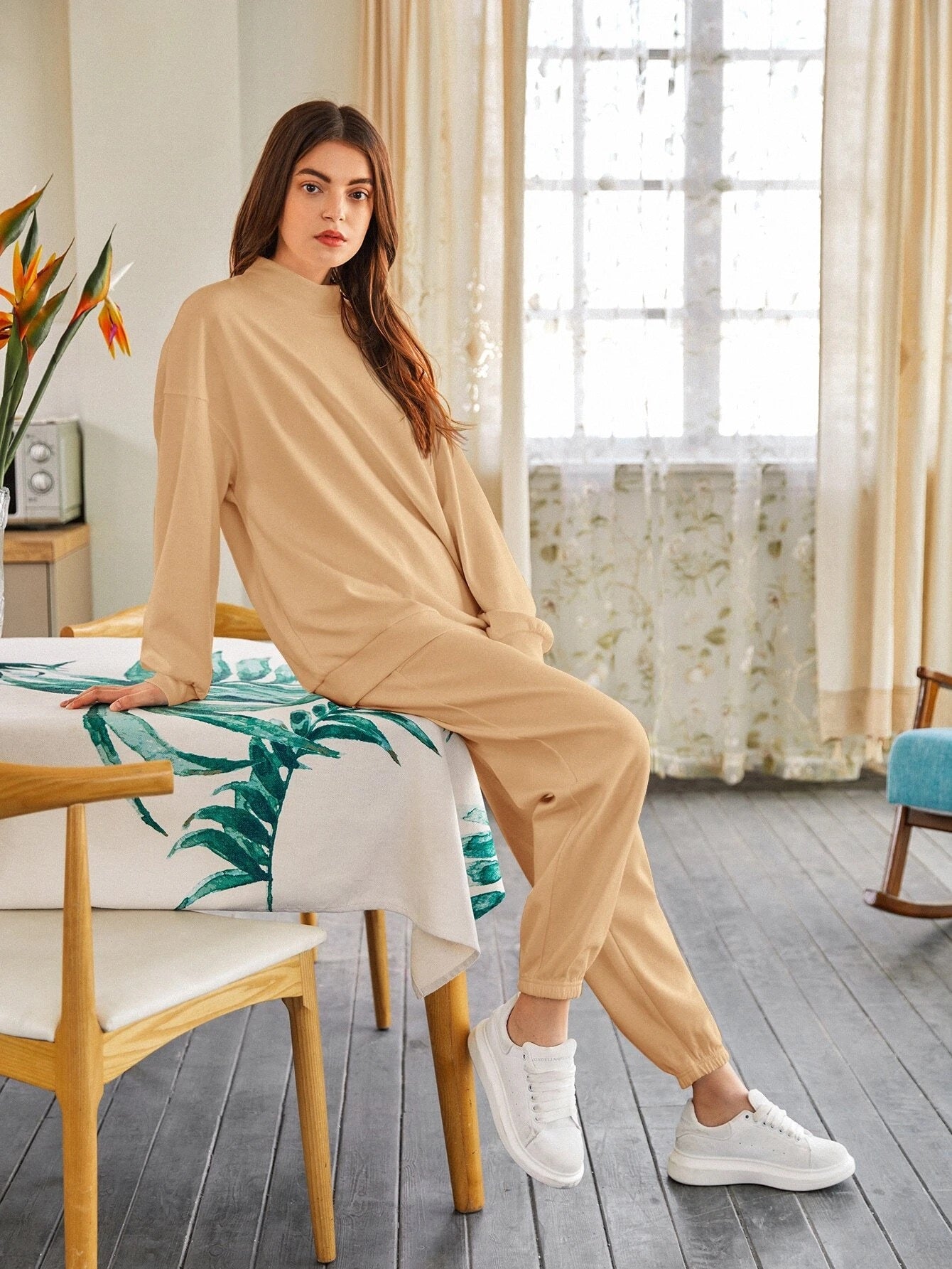 Camel Women's Drop Shoulder Mock-neck Pullover & Sweatpants Set