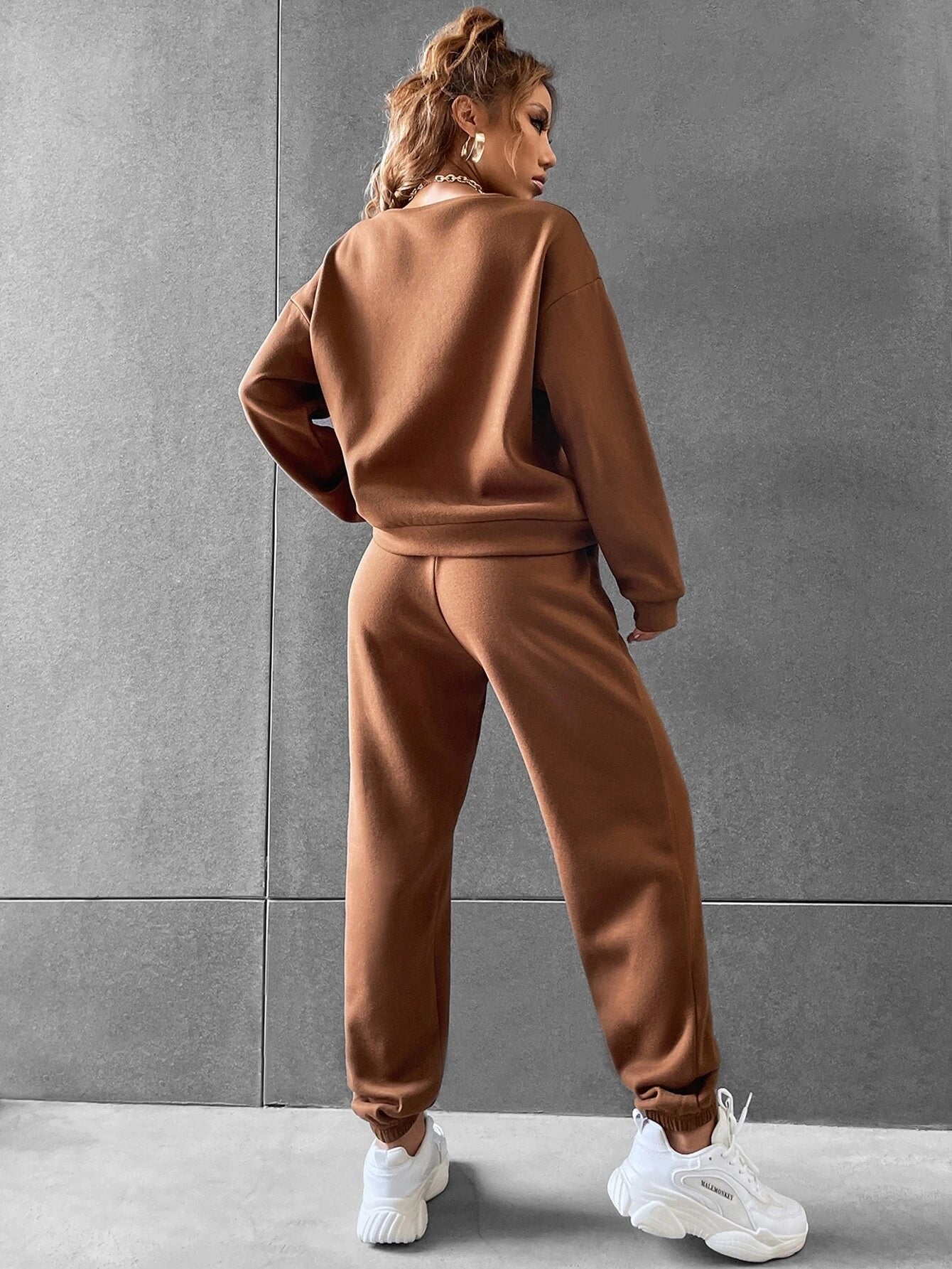 Coffee Brown Solid Drop Shoulder Sweatshirt & Sweatpants