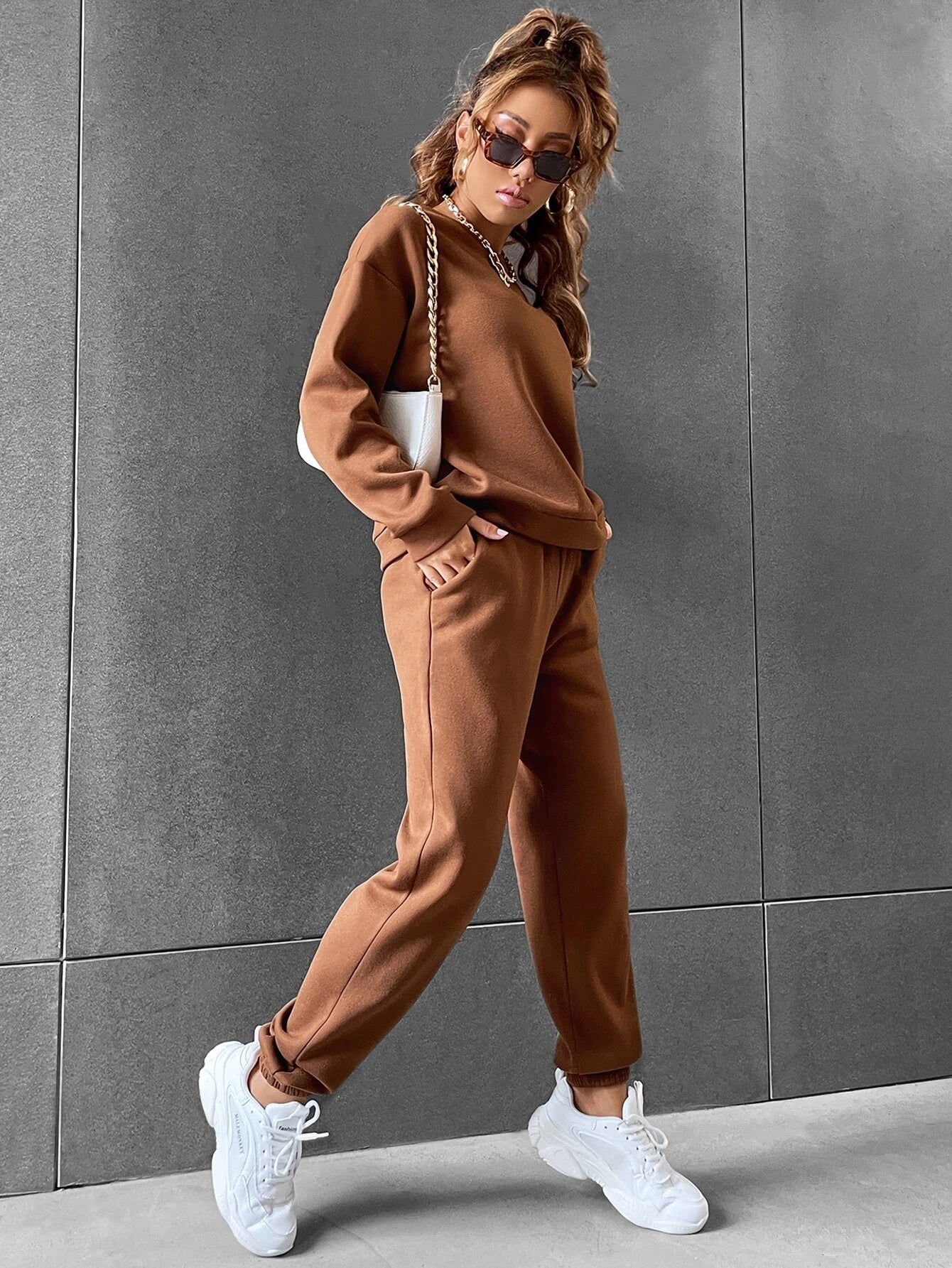 Coffee Brown Solid Drop Shoulder Sweatshirt & Sweatpants