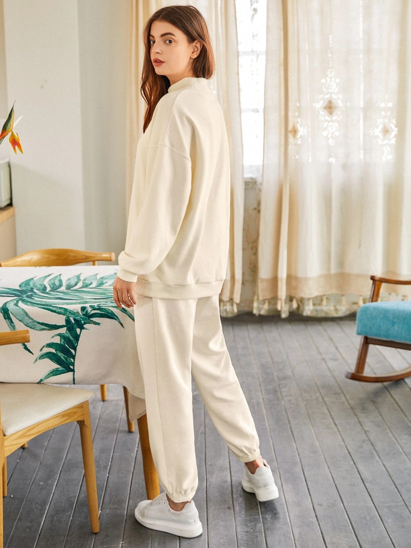 Cream Women's Drop Shoulder Mock-neck Pullover & Sweatpants Set