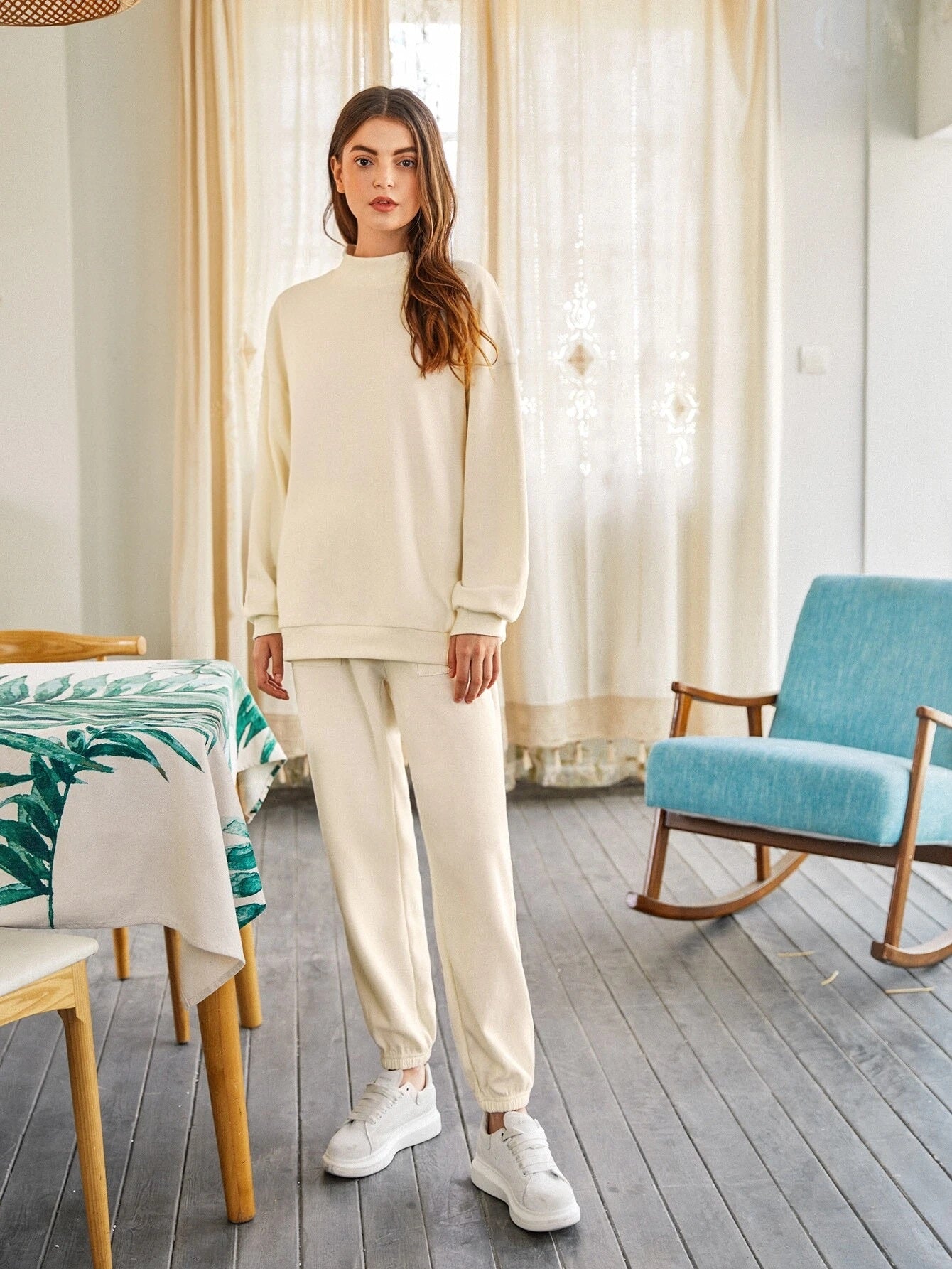 Cream Women's Drop Shoulder Mock-neck Pullover & Sweatpants Set