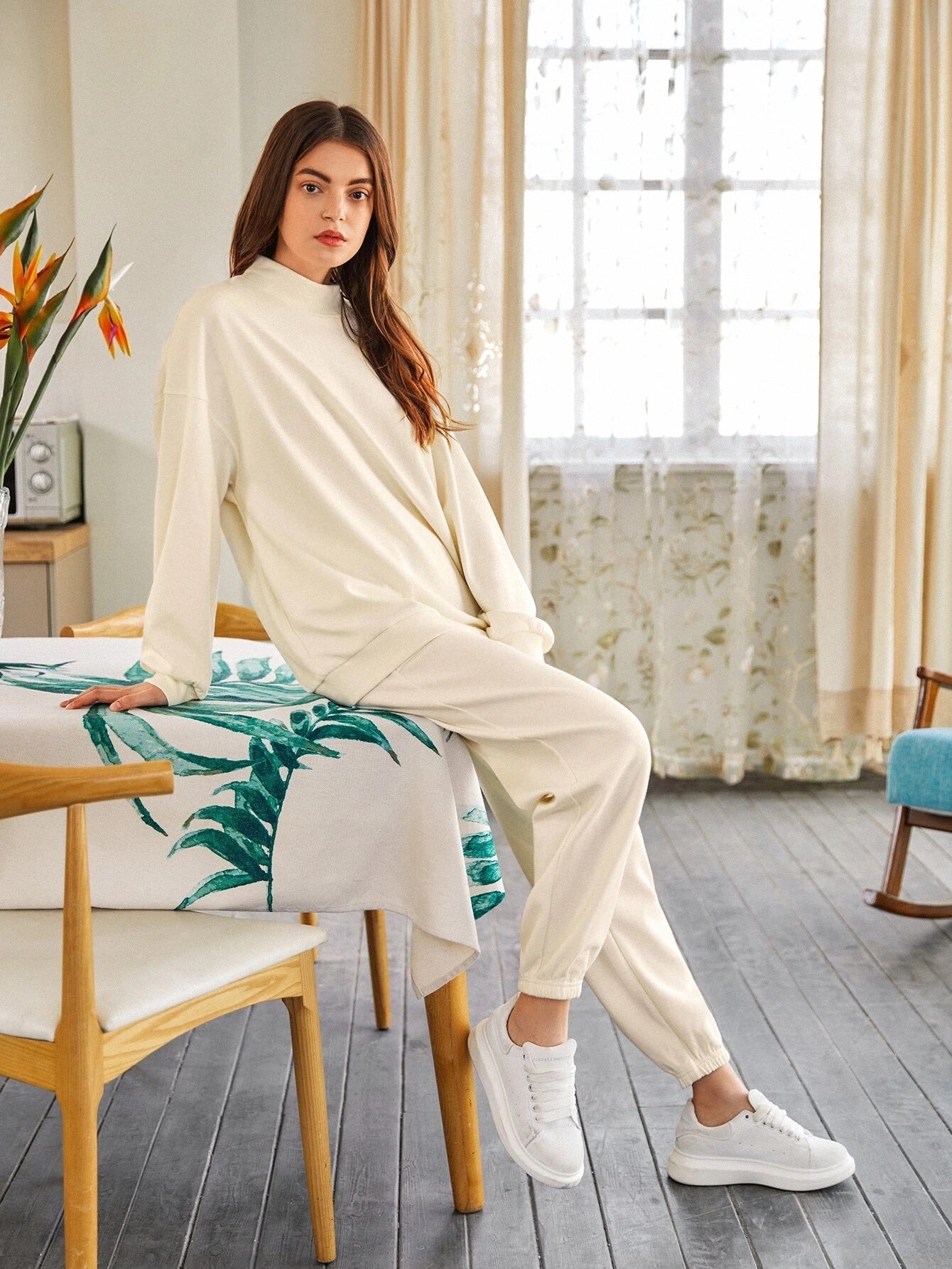 Cream Women's Drop Shoulder Mock-neck Pullover & Sweatpants Set