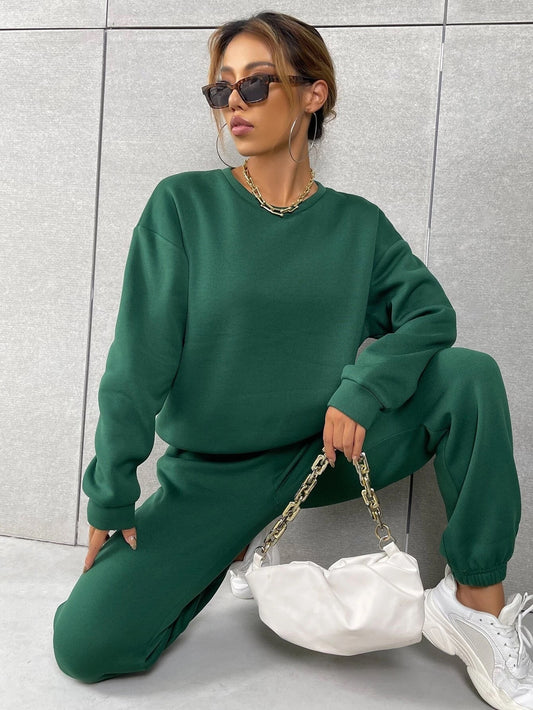 Dark Green Solid Drop Shoulder Sweatshirt & Sweatpants