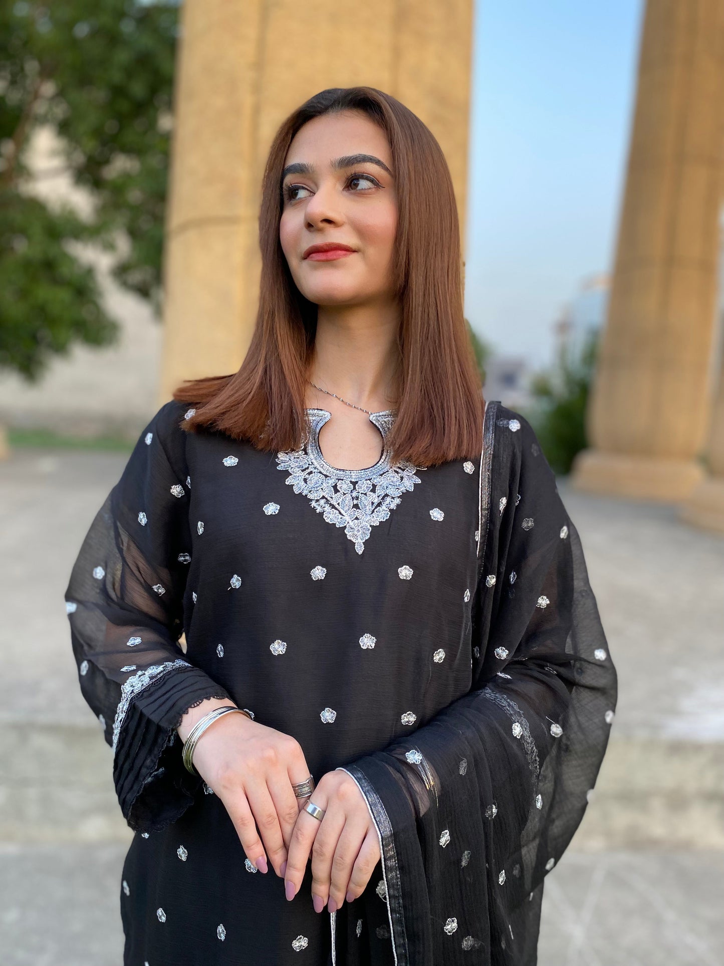 3PC - Silver Embroided Black Suit