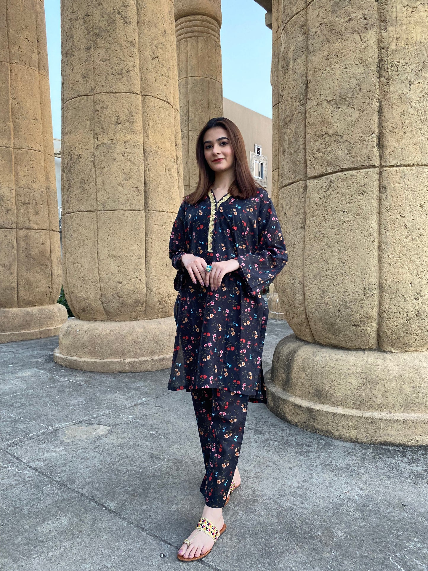 2PC - Black Floral Printed Suit