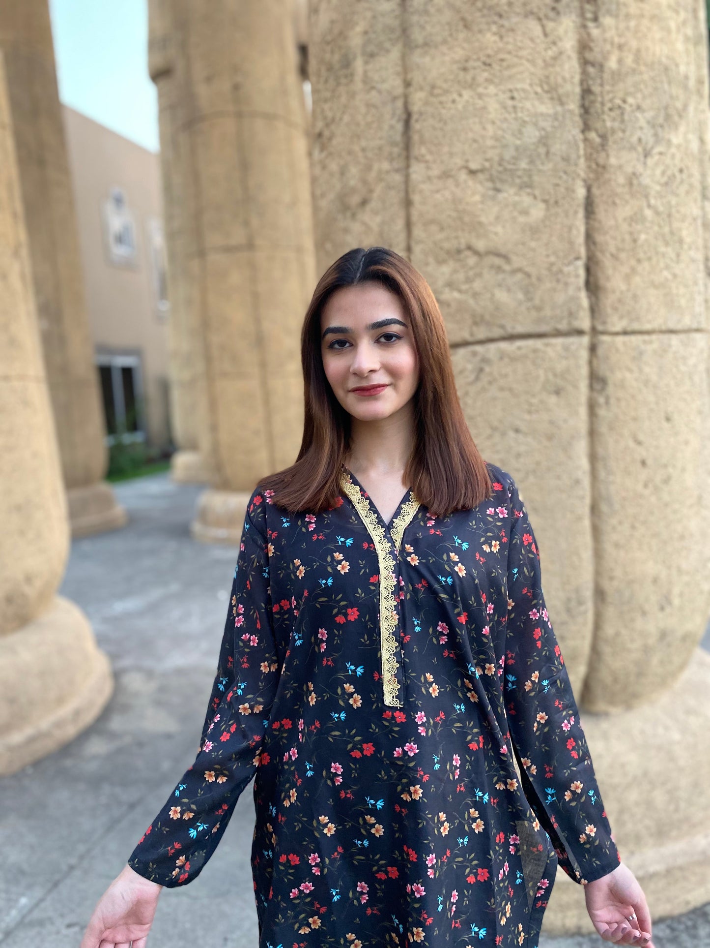 2PC - Black Floral Printed Suit