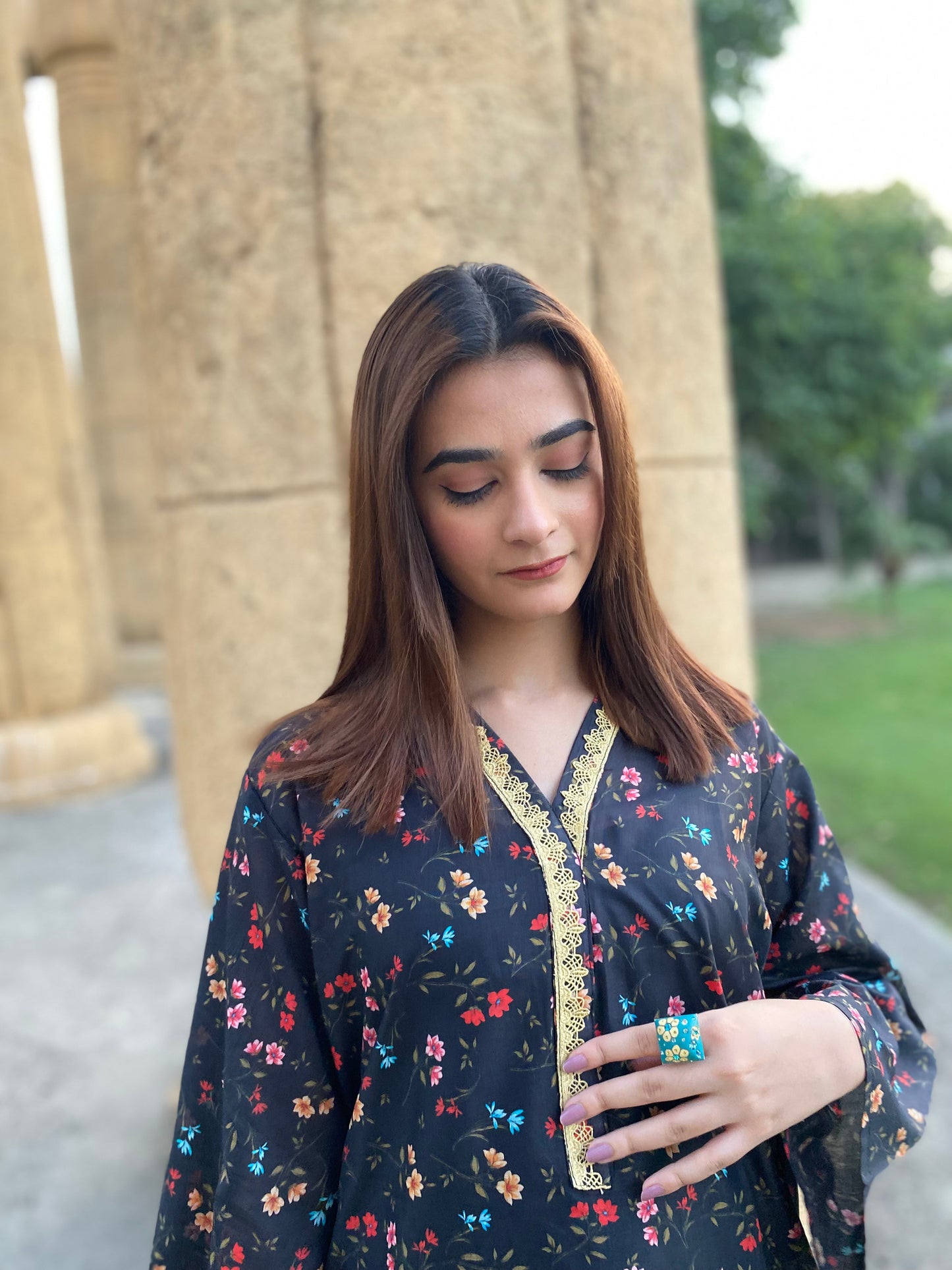 2PC - Black Floral Printed Suit