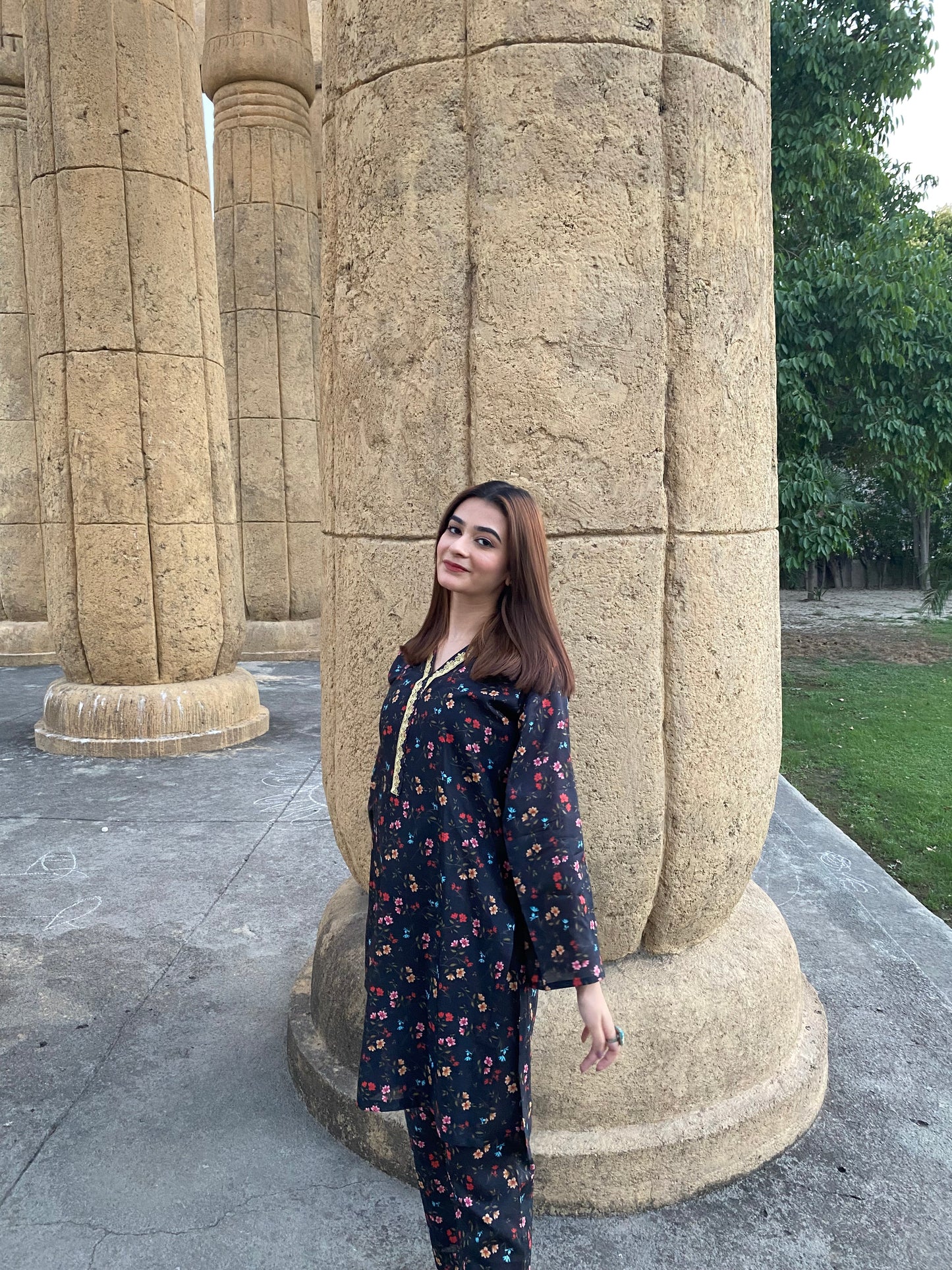 2PC - Black Floral Printed Suit