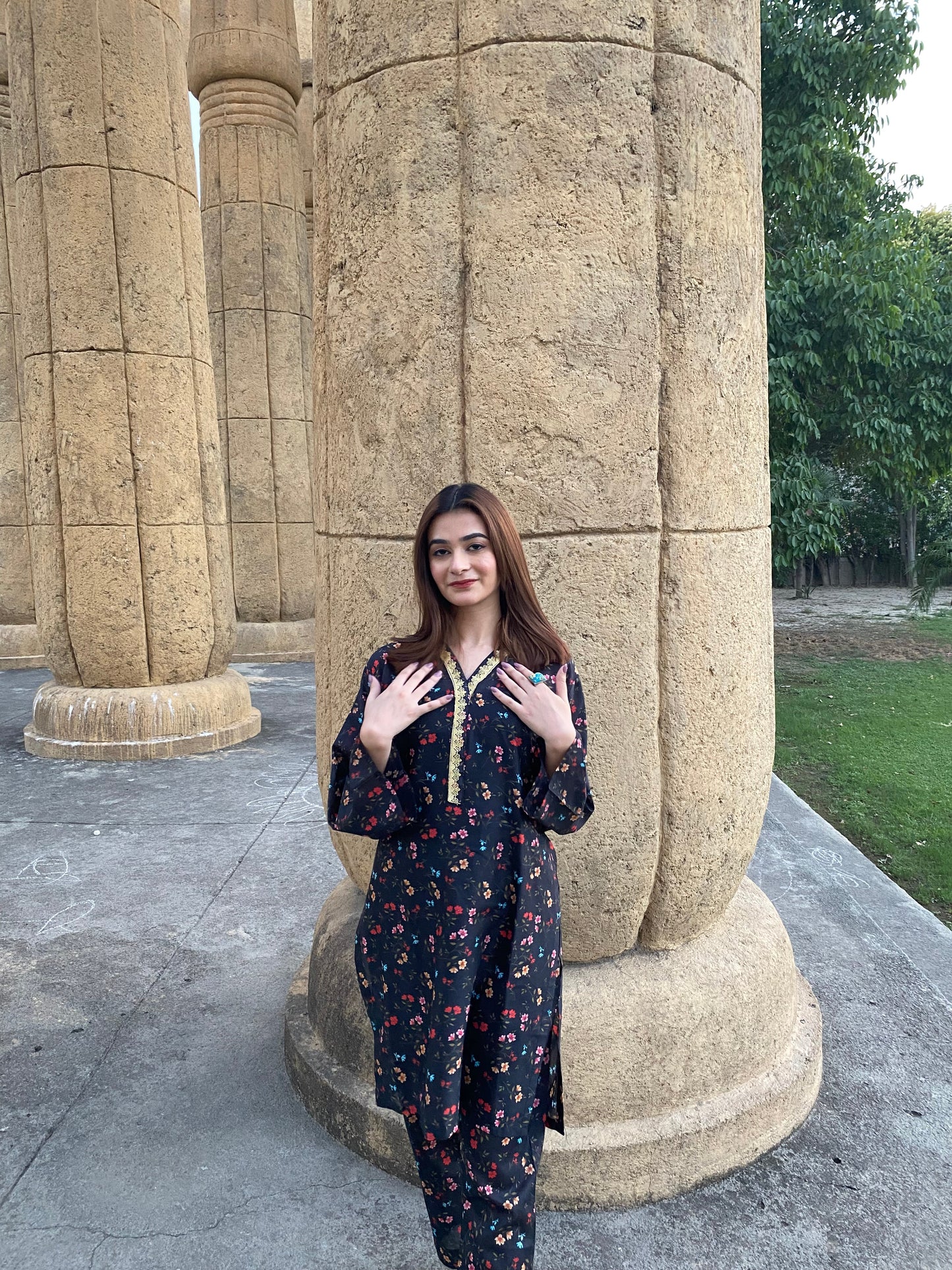 2PC - Black Floral Printed Suit