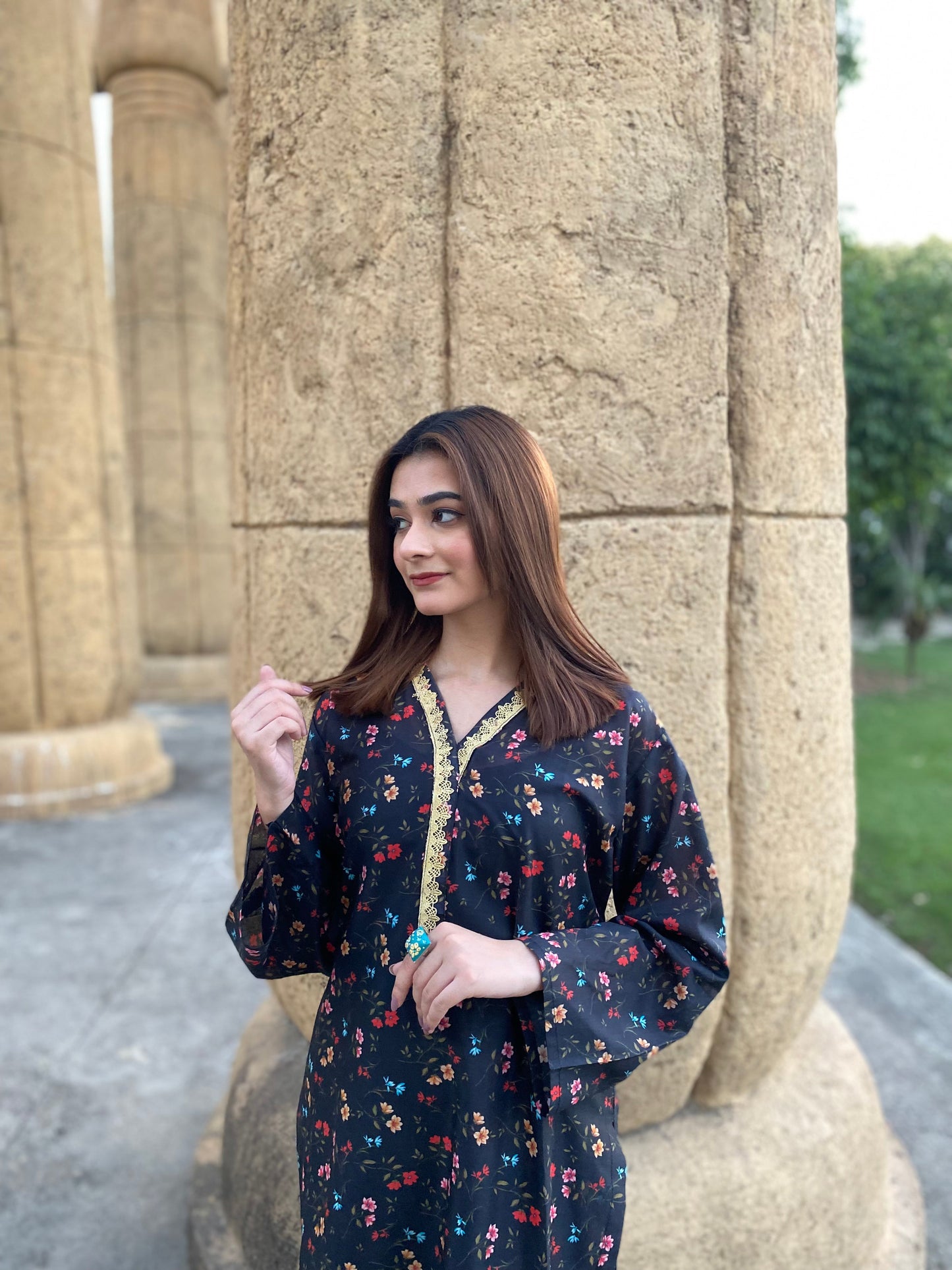 2PC - Black Floral Printed Suit
