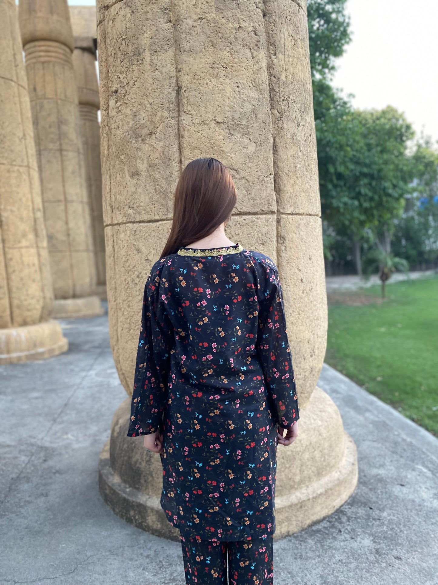 2PC - Black Floral Printed Suit