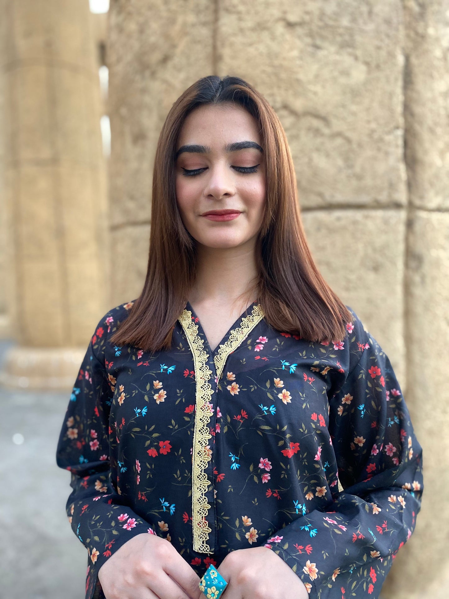 2PC - Black Floral Printed Suit