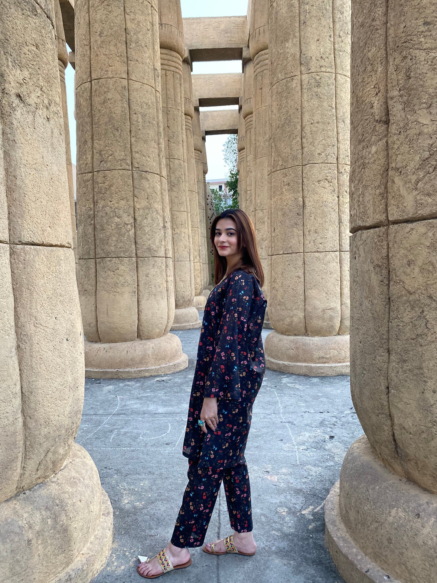 2PC - Black Floral Printed Suit