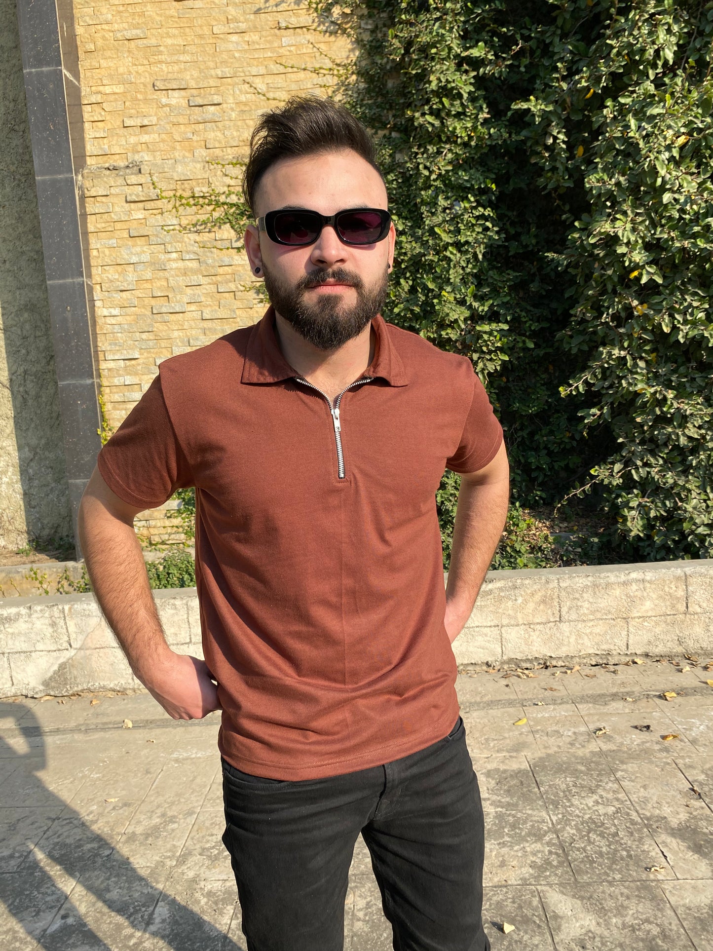Coffee Brown Zipper Polo Shirt