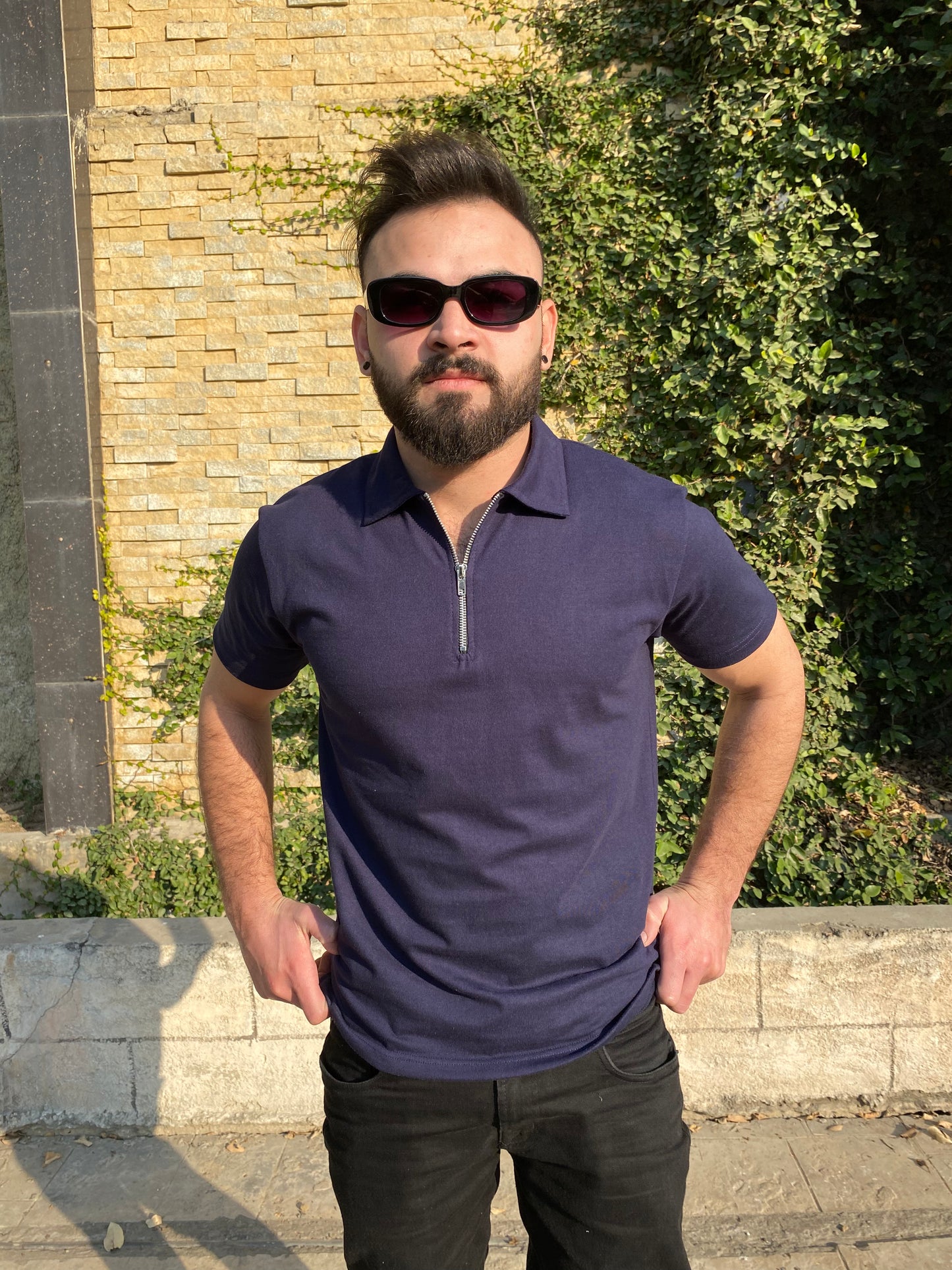 Navy Zipper Polo Shirt