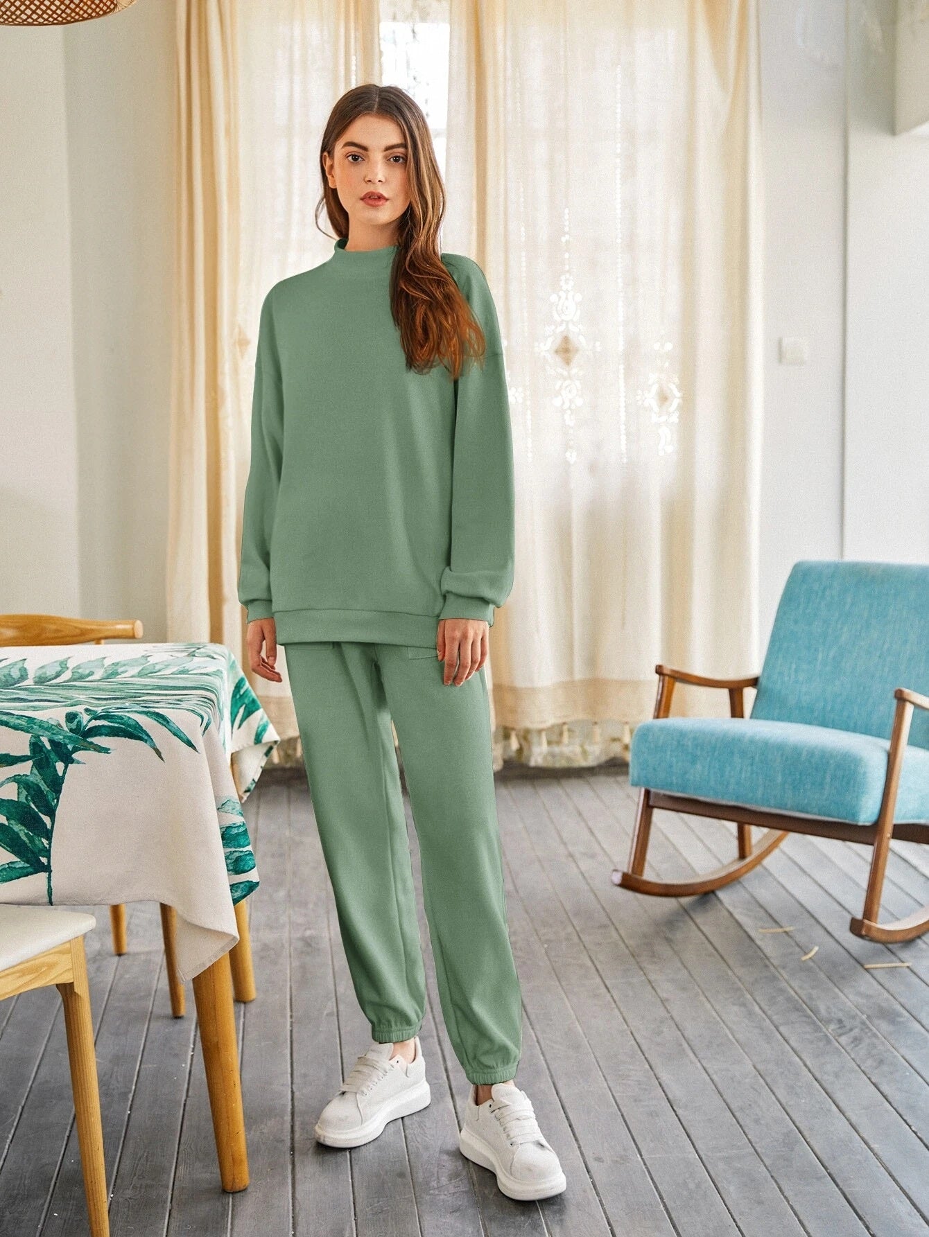 Mint Green Drop Shoulder Mock-neck Pullover & Sweatpants Set