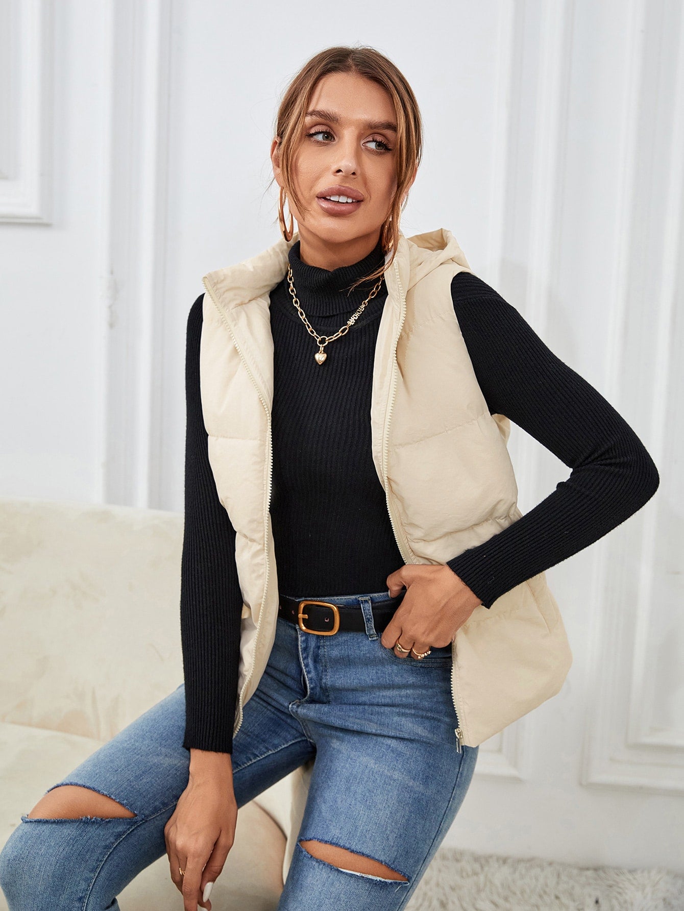 Cream Sleeveless Puffer Jacket