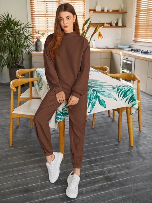 Coffee Brown Drop Shoulder Mock-neck Pullover & Sweatpants Set
