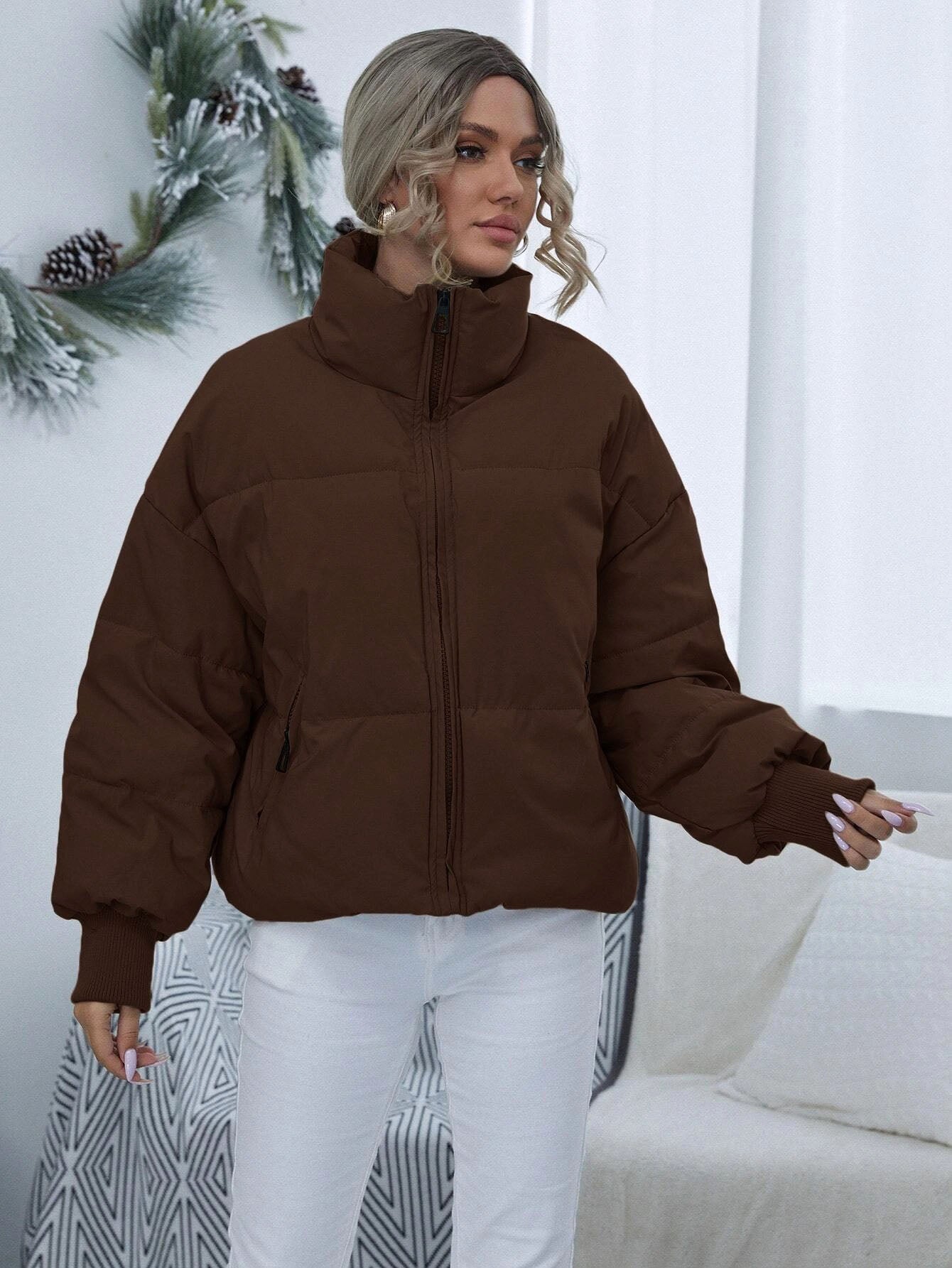 Women's Coffee Brown Thermal Oversized Puffer Jacket