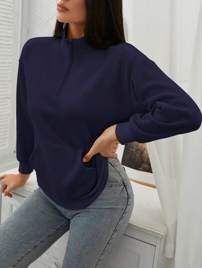 Navy Kangaroo Pocket Half Placket Sweatshirt