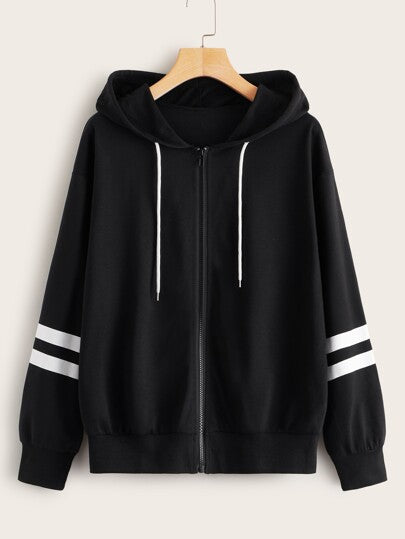 Black Full Zipper Stripe Hoodie