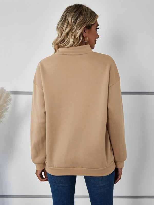 Camel Kangaroo Pocket Half Placket Sweatshirt