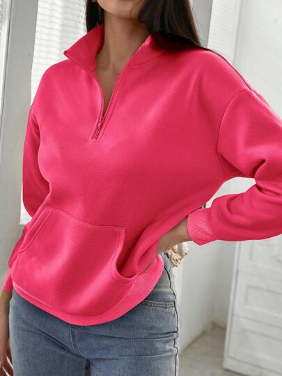 Hot Pink Kangaroo Pocket Half Placket Sweatshirt