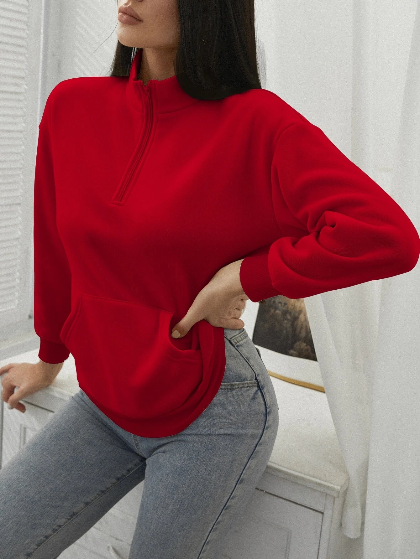 Red Kangaroo Pocket Half Placket Sweatshirt