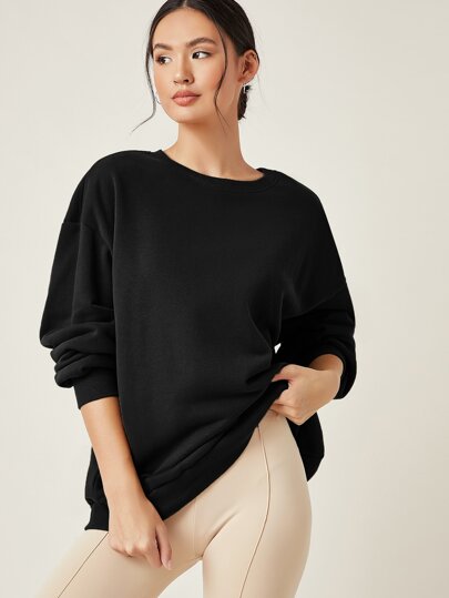 Women's Black Long Drop Shoulder  Sweatshirt