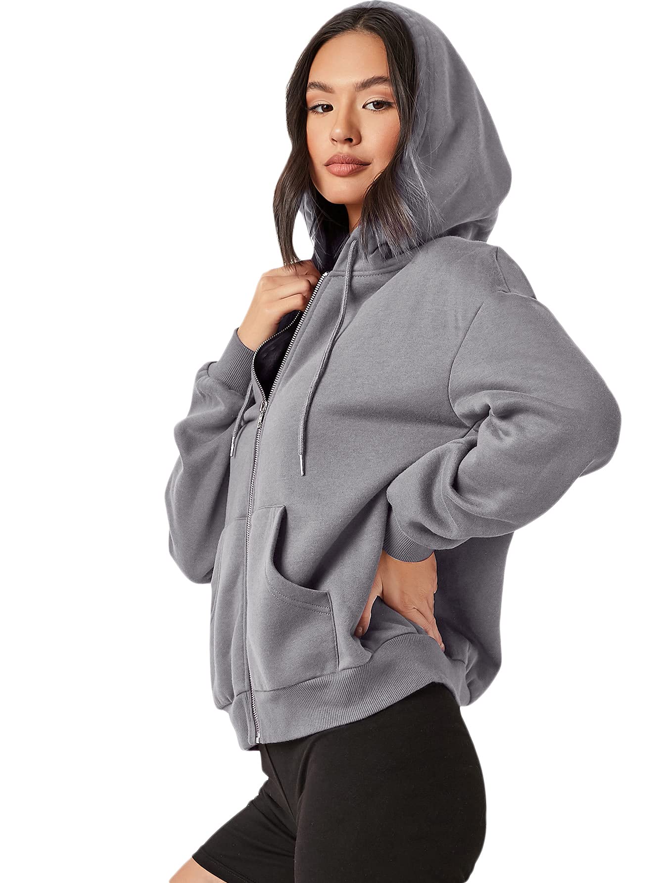 Grey Women's Plain Zipper Hoodie