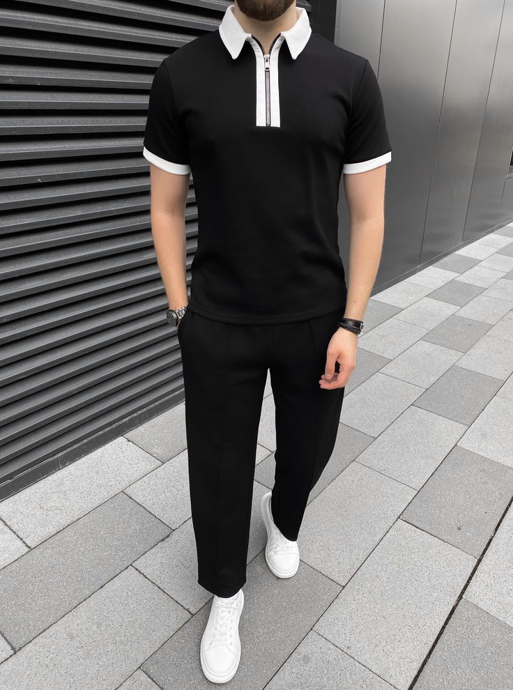 Black Contrast Collar Polo & Trousers