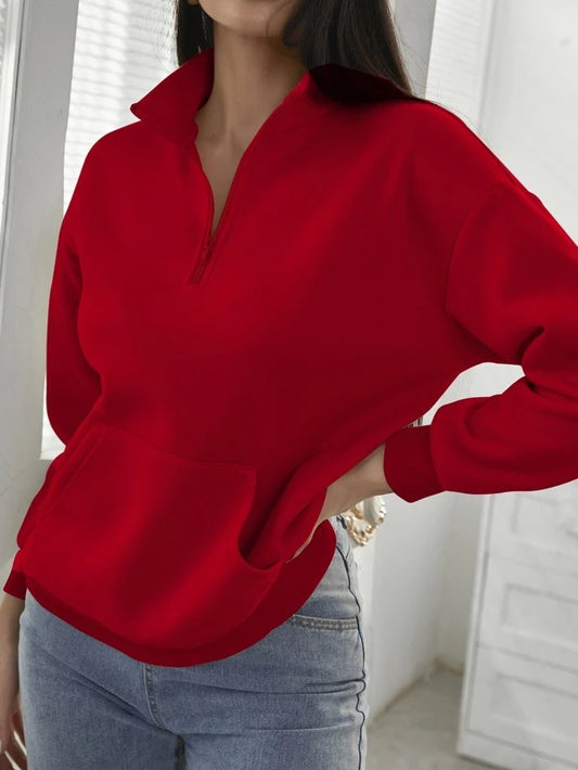 Red Kangaroo Pocket Half Placket Sweatshirt