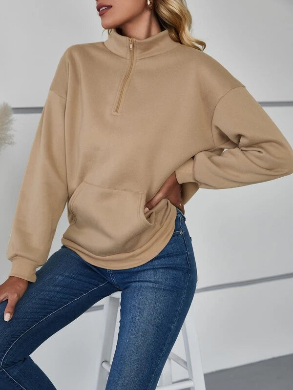 Camel Kangaroo Pocket Half Placket Sweatshirt