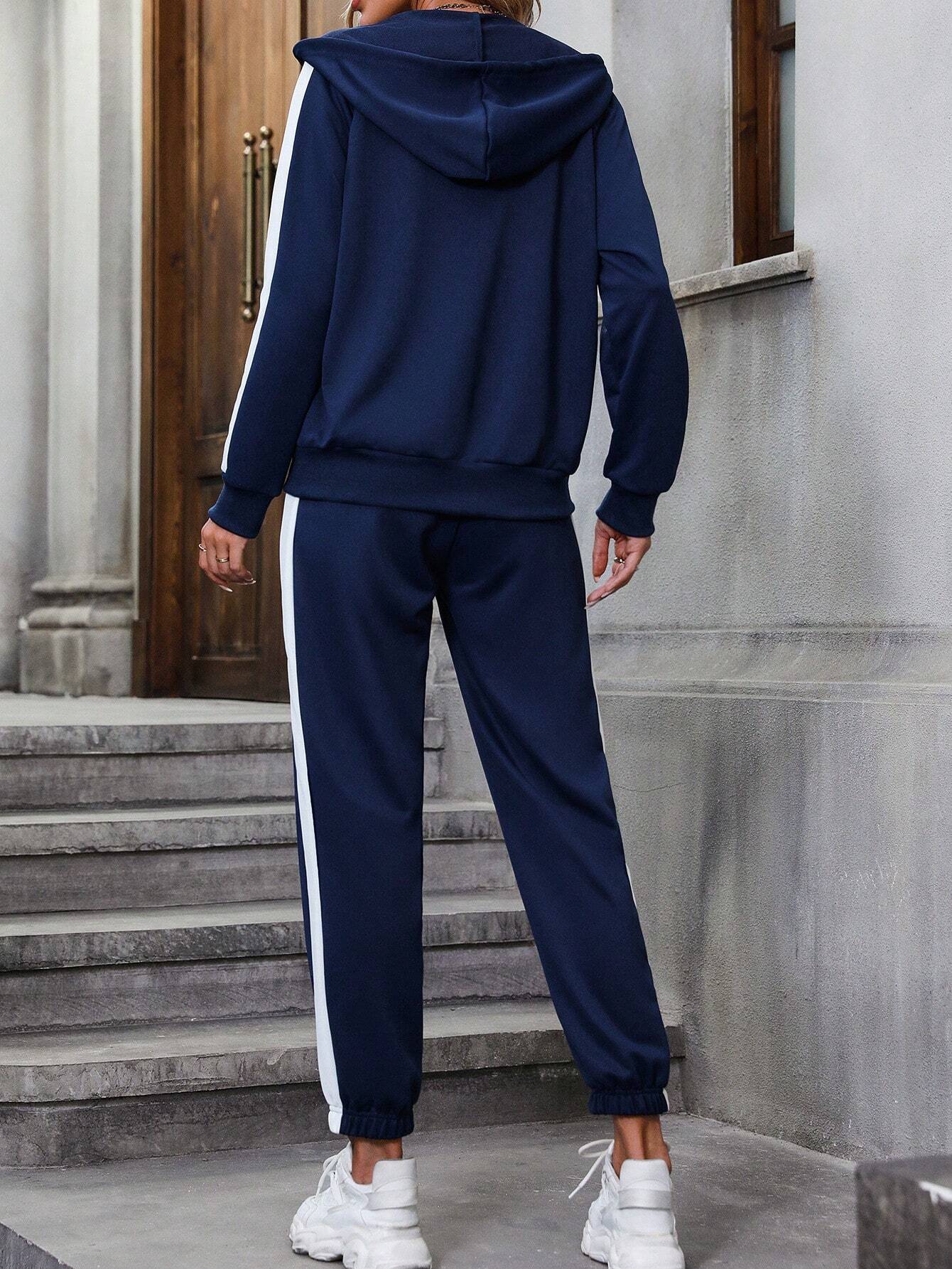 Navy Side Stripe Zipper Hoodie & Sweatpants