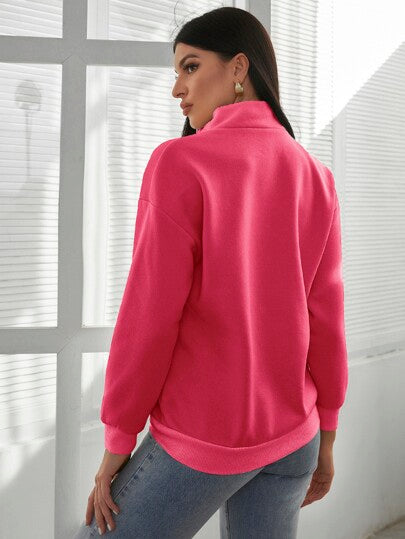 Hot Pink Kangaroo Pocket Half Placket Sweatshirt