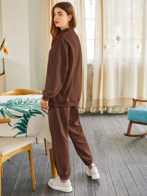 Coffee Brown Drop Shoulder Mock-neck Pullover & Sweatpants Set