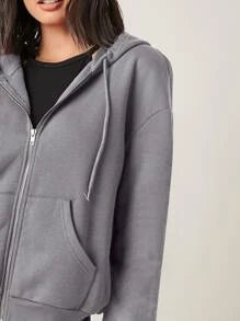 Grey Women's Plain Zipper Hoodie