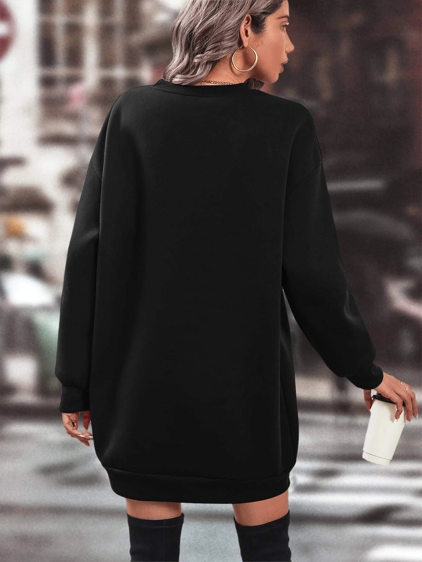 Women's Black Long Drop Shoulder  Sweatshirt