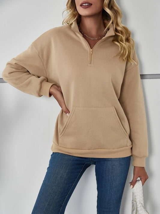 Camel Kangaroo Pocket Half Placket Sweatshirt